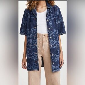 Ganni laser-printed Denim indigo Cotton Shirt steeped in vintage Flair.